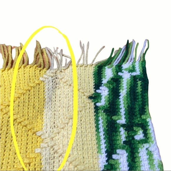 Vintage Handmade Crocheted Yellow, Green & White Striped Blanket With Fringe - Picture 4 of 9